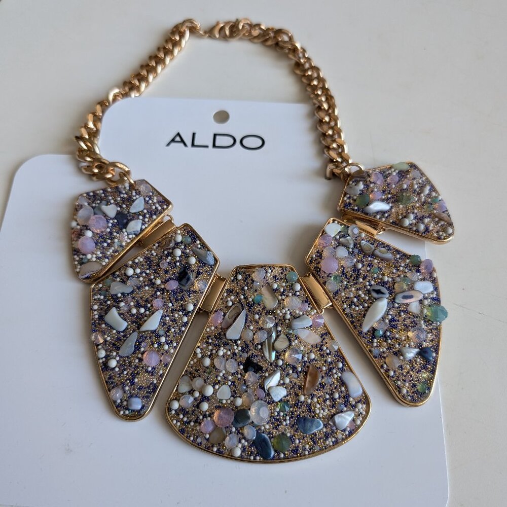 Gold Chain with Multicolour Pink details on sections, Statement Necklace